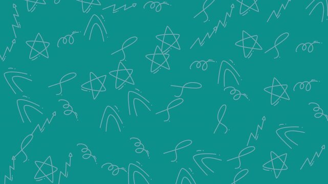 Abstract background with hand drawn doodle stars and squiggles on teal green.