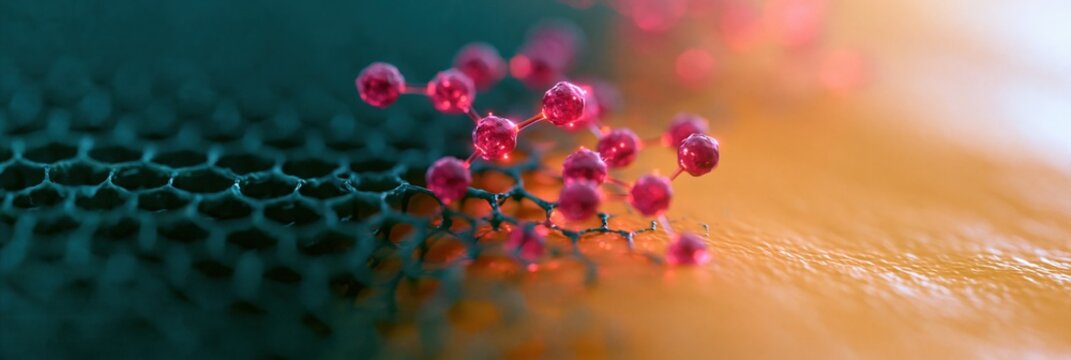 Closeup molecular cluster on textured hexagonal mesh with warm bokeh for scientific background and nanotechnology banner