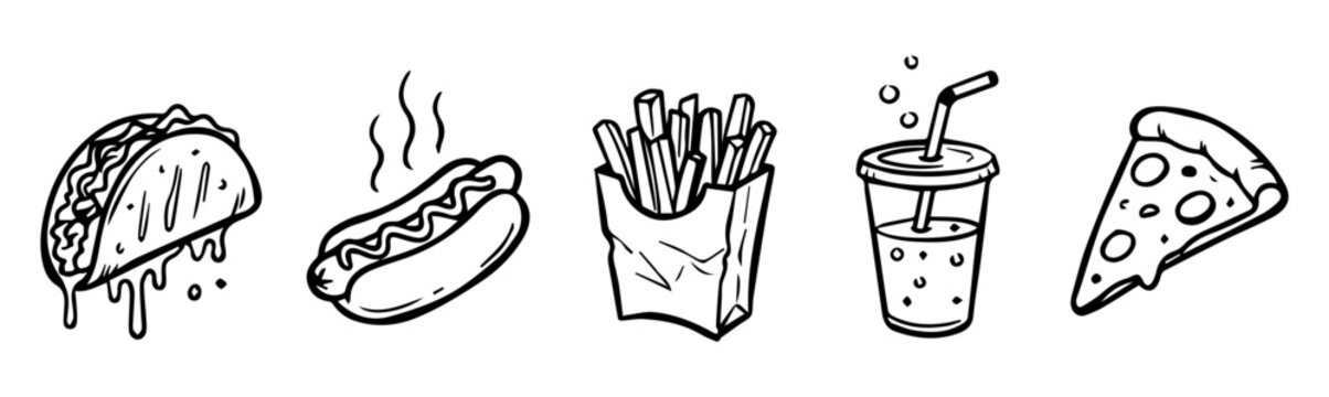 Hand drawn fast food doodle icon set in sketch style with taco, hot dog, fries, soda cup and pizza slice symbols for restaurant and street food design, including 5 vector illustrations