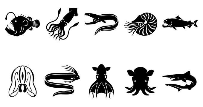Deep sea creature silhouette set with anglerfish, squid, eel, nautilus, viperfish, octopus and cuttlefish shapes for ocean and marine biology design, including 10 black vector illustrations