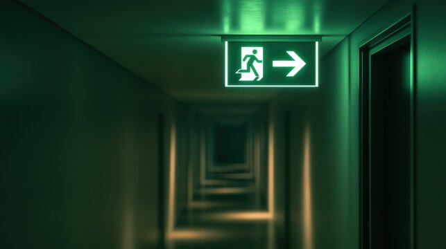 Glowing emergency exit sign with running figure and arrow pointing right in dark green hallway corridor for safety