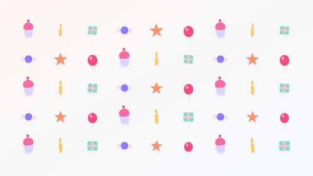 Festive seamless pattern featuring colorful cupcakes, balloons, gift boxes, candles, and stars for party celebration backgrounds