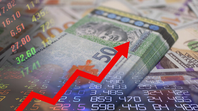 Malaysian economic growth, the Malaysian ringgit, and a rising stock market chart. Growth and recovery of the Malaysian market. Malaysian ringgit banknotes next to a rising red financial arrow z