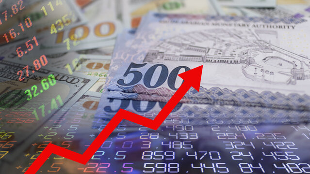Saudi Arabian economic growth, the Saudi riyal, and a rising stock market chart. Growth and recovery of the Saudi Arabian market. Saudi riyal banknotes next to a rising red financial arrow overlaying 