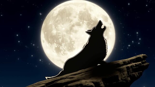 Wolf silhouette resting on rocky cliff beneath full moon in starry night sky