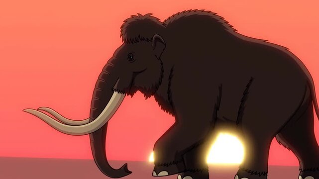 Woolly mammoth standing before a glowing sunset in an illustrated prehistoric landscape