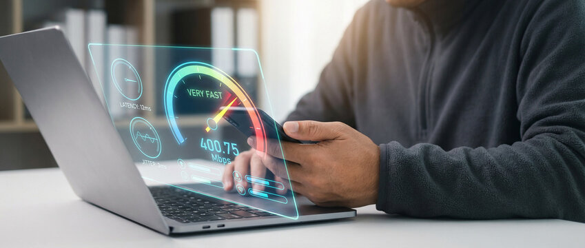 Person working on laptop with a holographic internet speed test gauge interface overlaying device