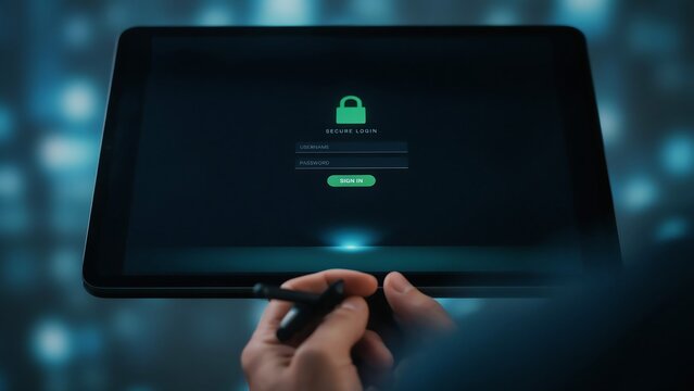 Secure login interface on tablet screen with digital lock icon for cybersecurity protection.