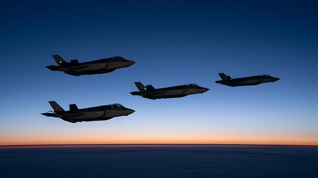 Four modern military fighter jets fly in a tactical formation across a clear blue sky during sunset with vibrant warm orange light below