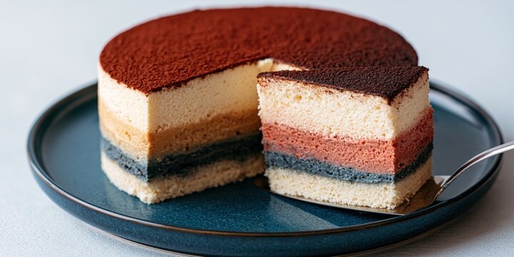 Layered mousse cake with cocoa dusting on blue plate for dessert menu, bakery website and poster background for pastry banner design