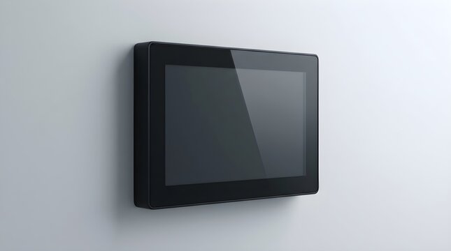 Close up of modern black digital touchscreen display panel mounted on wall for smart home automation, security system, and temperature control interface. 