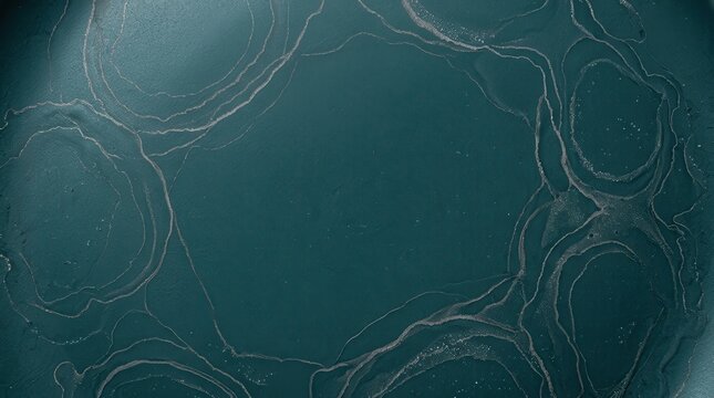 Abstract teal background with flowing silver lines creating organic circular patterns and fluid shapes for modern design