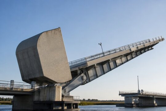 Raised bascule bridge over a waterway under blue sky