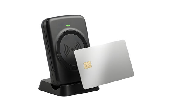 Black wireless charger and white credit card showing cashless payment concept.