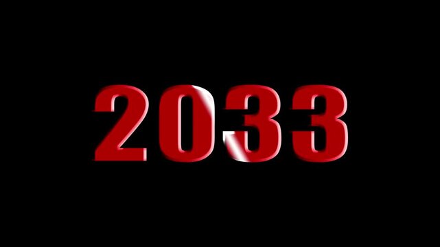Year 2033 Scaling Text Animation with Bevel and Light Sweep Effect on Black Background.