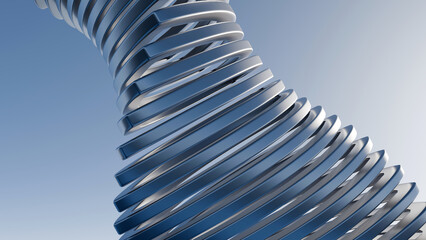 Fototapeta na wymiar 3D modern abstract blue metallic spiral architectural tower against blue sky. Ideal for tech headers, modern corporate banners, architectural backdrops, and UI wallpapers
