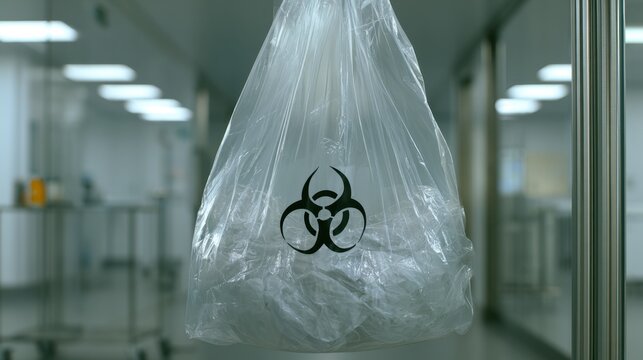 Clear plastic bag hanging with biohazard symbol in a sterile laboratory environment for medical waste disposal safety protocol