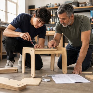 Man and teenager assembling a wooden stool together