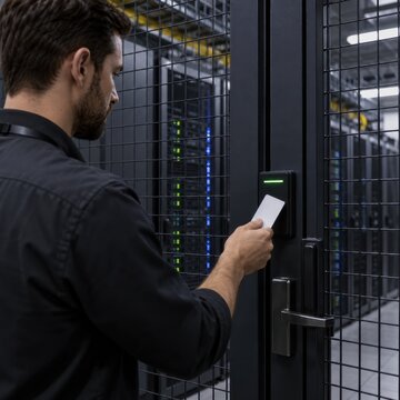 Man using an access card to enter a secured server area
