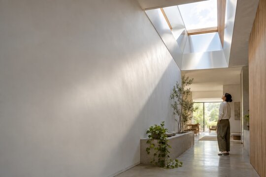 Daylight entering a minimalist hallway through roof windows