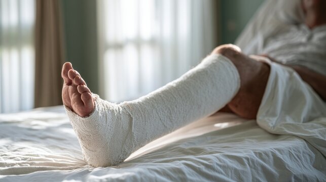 Close-up of injured person resting on bed with leg and foot in white medical cast and bandage indoors at home