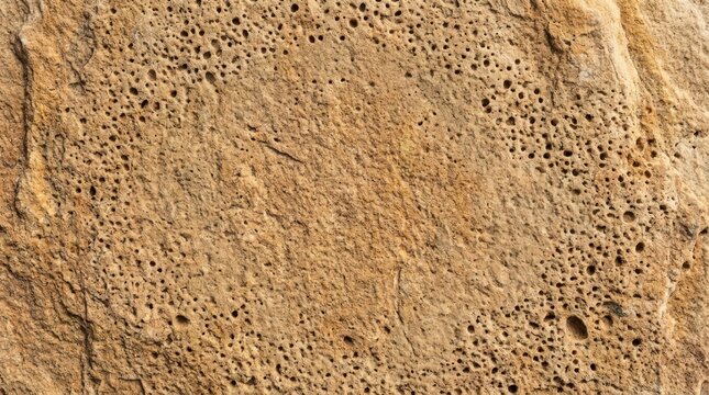 Natural porous sandstone texture with a circular pattern of small holes on a rough weathered rock surface background