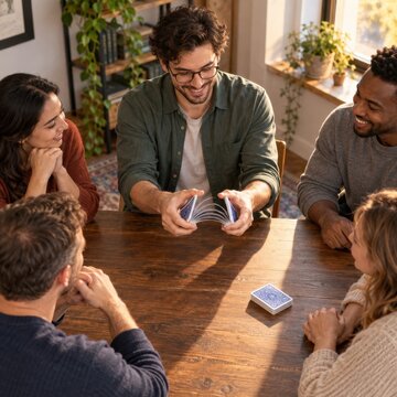 Man shuffling playing cards while friends watch at a table