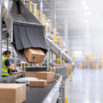 Cardboard parcels moving from a chute onto a conveyor