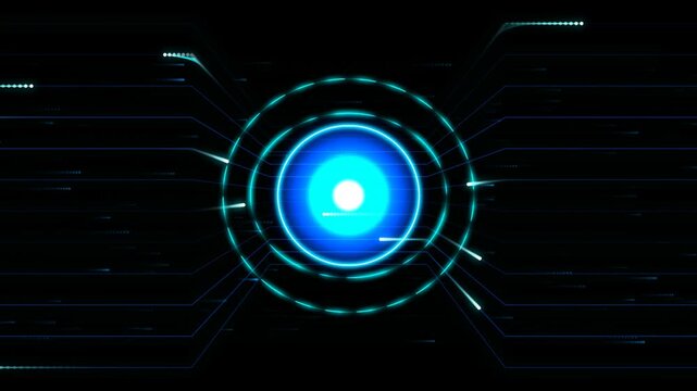 Futuristic digital HUD circle core with glowing blue data particles moving on black background