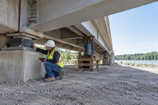 Engineer inspecting a bridge bearing beneath a concrete deck