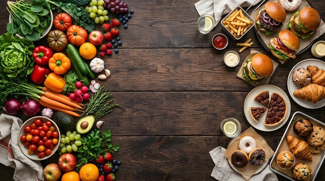 Healthy food and fast food comparison on wooden table