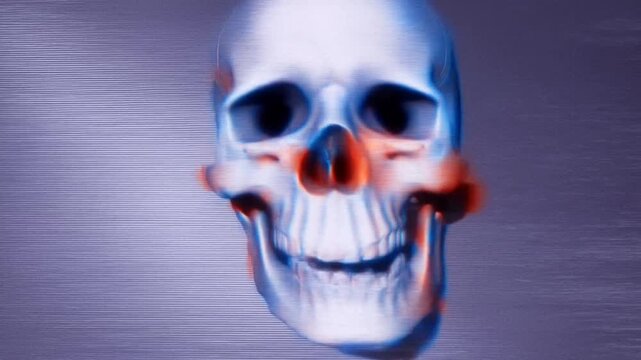 Skull face with flickering blue and red light against a textured digital background