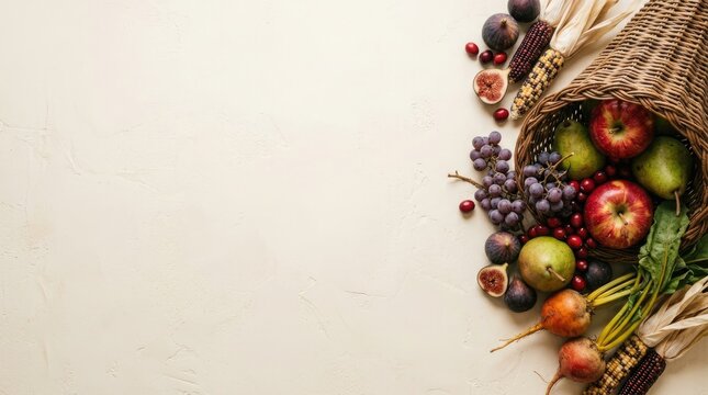 Abundant wicker cornucopia with autumn harvest fruits and vegetables on cream background for thanksgiving concept.