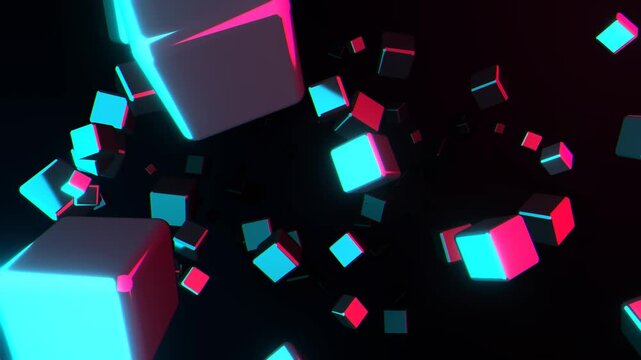 Seamless loop of highly refractive 3D glass cubes. Punctual lights (Point/Directional) have been completely removed and replaced with broad AreaLights and volumetric emissive meshes to mathematically