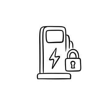 Secure EV Charging Station Terminal with Padlock Line Art Icon