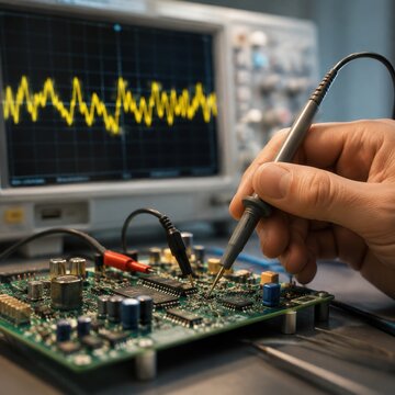 Technician probing a circuit board beside an oscilloscope