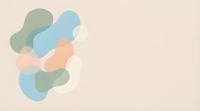 Minimalist abstract background with overlapping organic fluid shapes in calming pastel colors on textured paper. A serene and peaceful design with copy space.