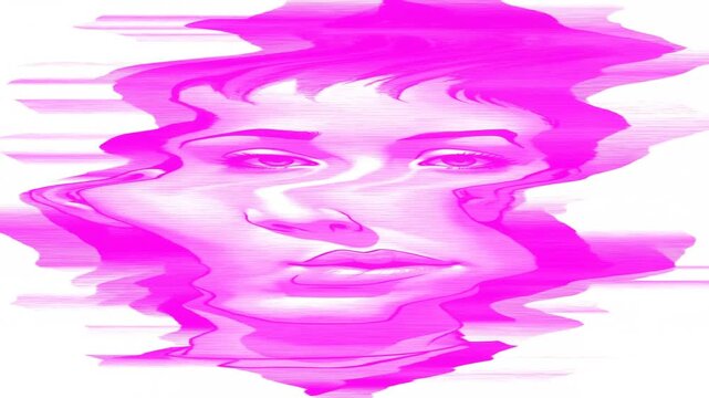 Distorted Human Face with Pink Digital Interference Against a White Background