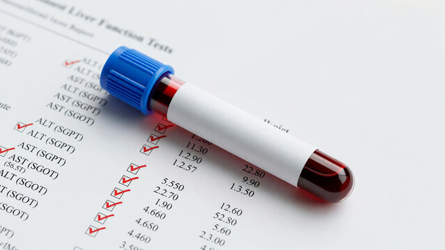 Blood sample tube on liver function test report, laboratory diagnostic and healthcare screening