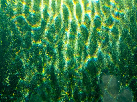 Abstract underwater light patterns and shimmering caustic reflections seen through scratched aquarium glass. Green and turquoise tones create an atmospheric aquatic texture with glowing ripples.