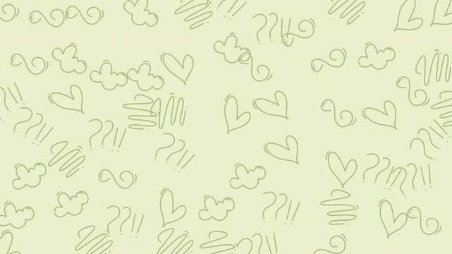 Abstract background with hand drawn hearts and scribbles on light green surface.