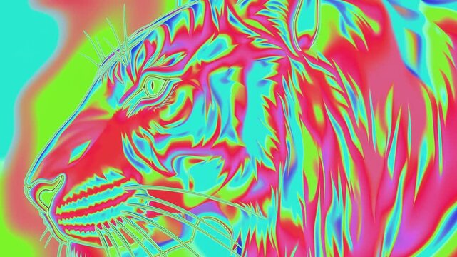 Colorful Wolf Head Illustration with Neon Psychedelic Patterns on Turquoise Background