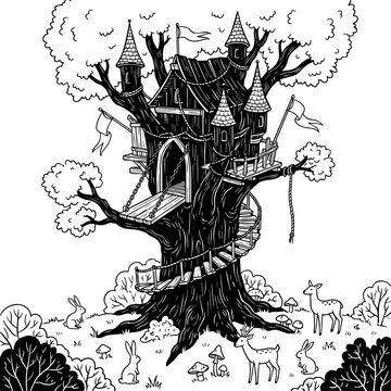 A detailed black and white line of a medieval treehouse castle with turrets, flags, a rope bridge, and forest animals in a meadow
