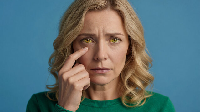 Woman pointing to yellow eyes checking symptom, jaundice diagnosis and liver healthcare