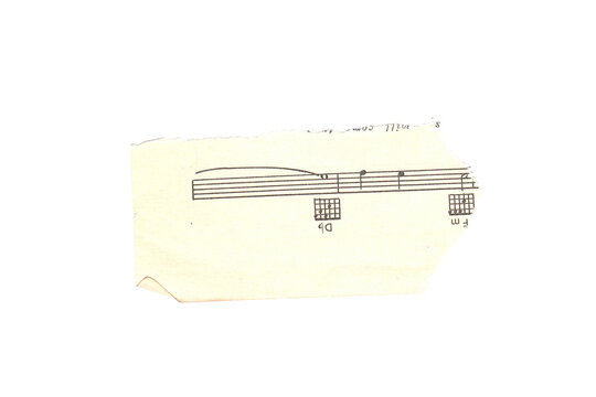 Scrap of old torn music sheet, vintage yellowed ripped paper with notes isolated for design. Transparent background. Vintage musical notation fragment for scrapbooking, collage art, journaling
