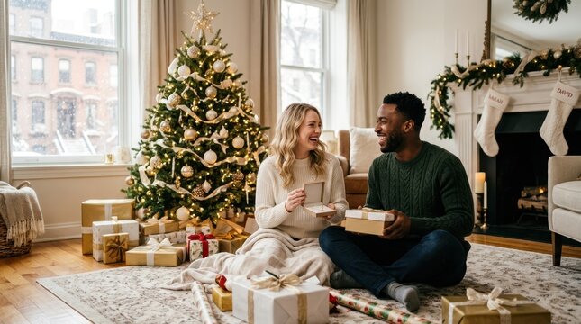Christmas Morning Bliss: A joyful couple unwraps presents on Christmas morning, surrounded by a beautifully decorated tree and a festive fireplace, sharing laughter and holiday cheer.