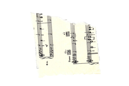 Scrap of old torn music sheet, vintage yellowed ripped paper with notes isolated for design. Transparent background. Vintage musical notation fragment for scrapbooking, collage art, journaling