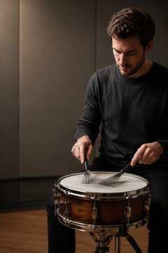 Drummer playing a snare drum with wire brushes