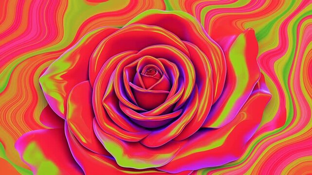 Vibrant rose with swirling colorful petals against an abstract flowing background