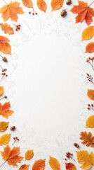 Fototapeta premium A decorative border of vibrant autumn leaves, acorns, and berries creates a festive frame on a light, textured background, celebrating the beauty of the fall season.